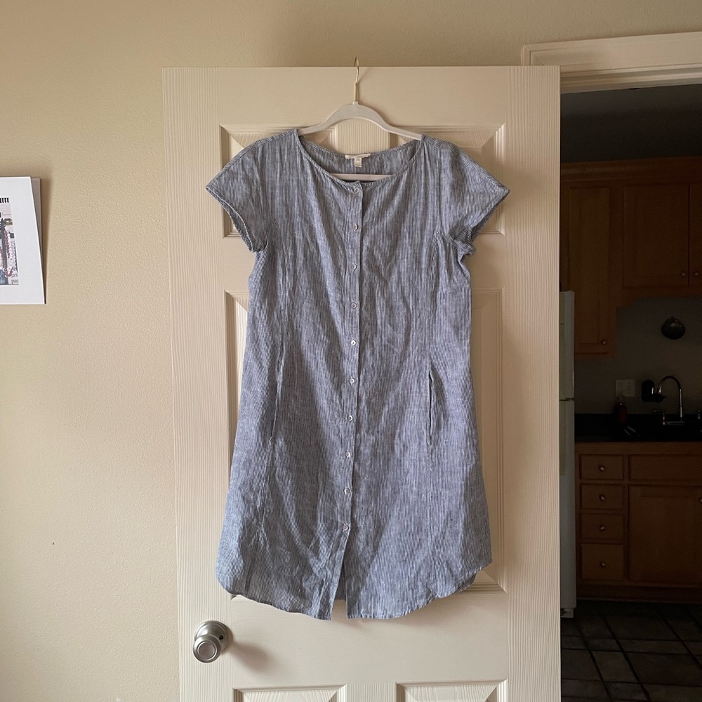 Eileen Fisher Hemp Cotton Blue Stripe Chambray Button Cap Sleeve Mini Dress